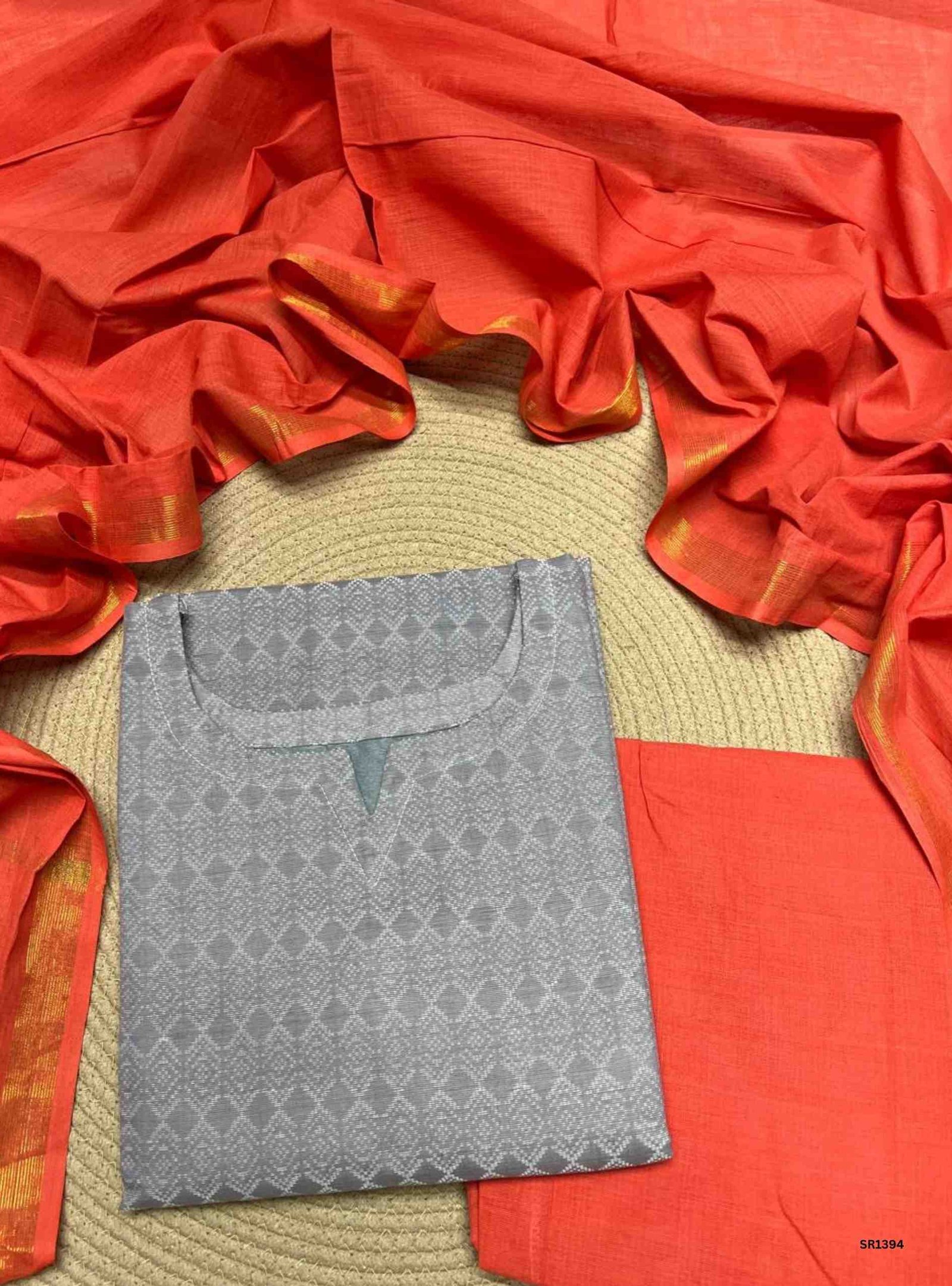 Grey & Peach - Handloom Cotton Salwar Set