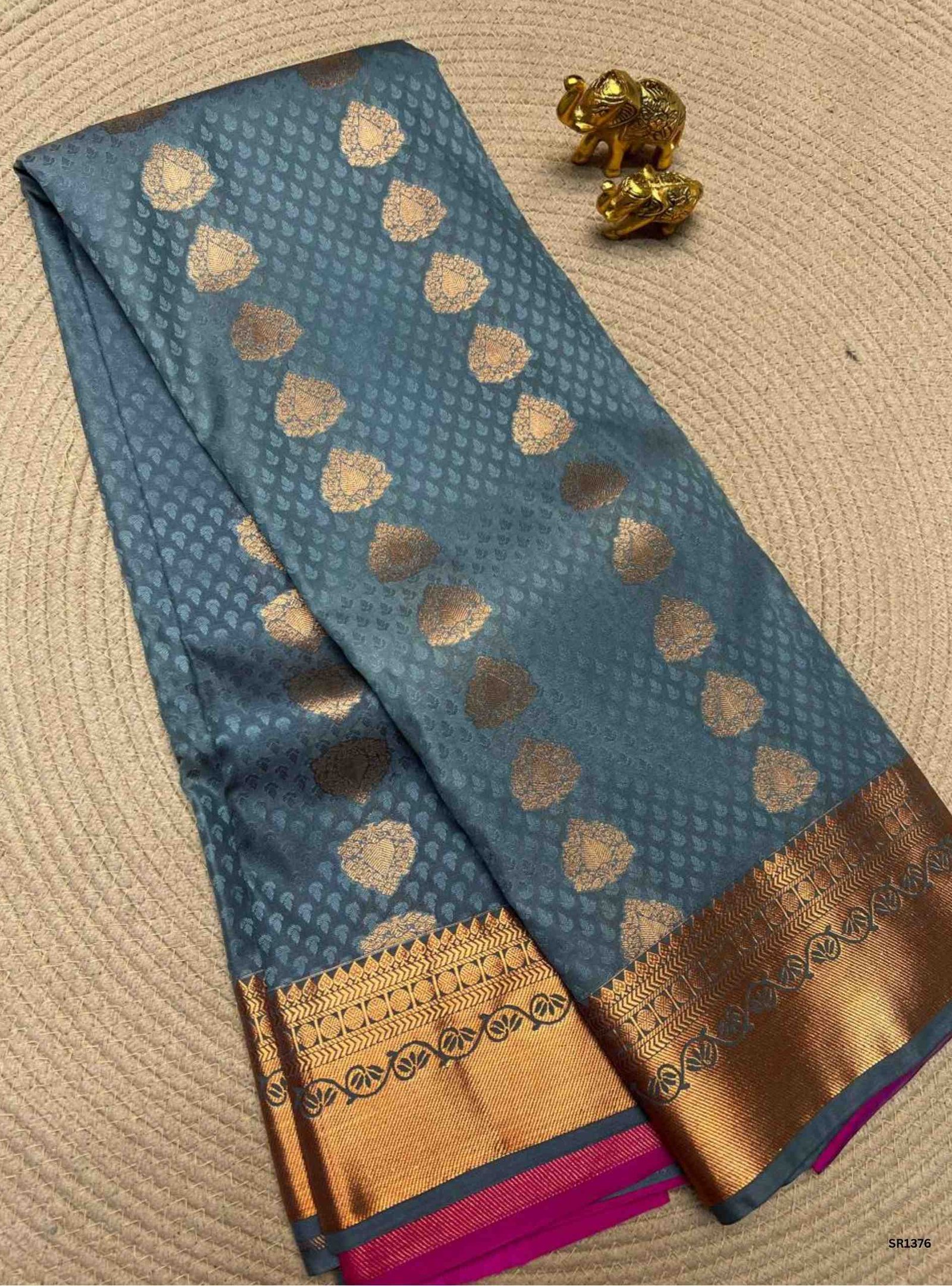 Grey & Rani Pink - Semi Silk Saree - Image 2